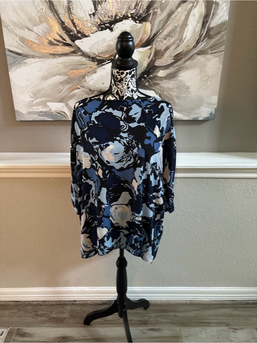 Dana Buchman Black Floral Top with Blue Accents